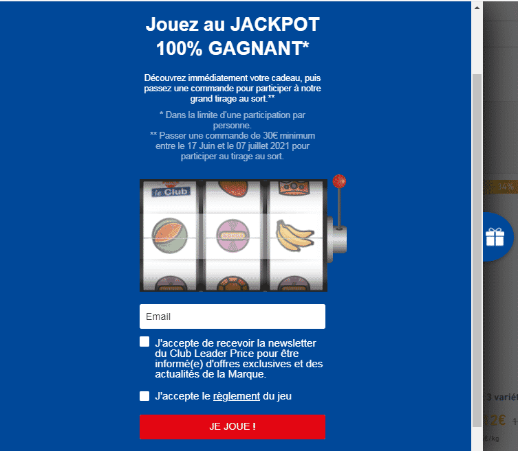 Jeu Jackpot 100% Gagnant Leader Price sur leclubleaderprice.fr