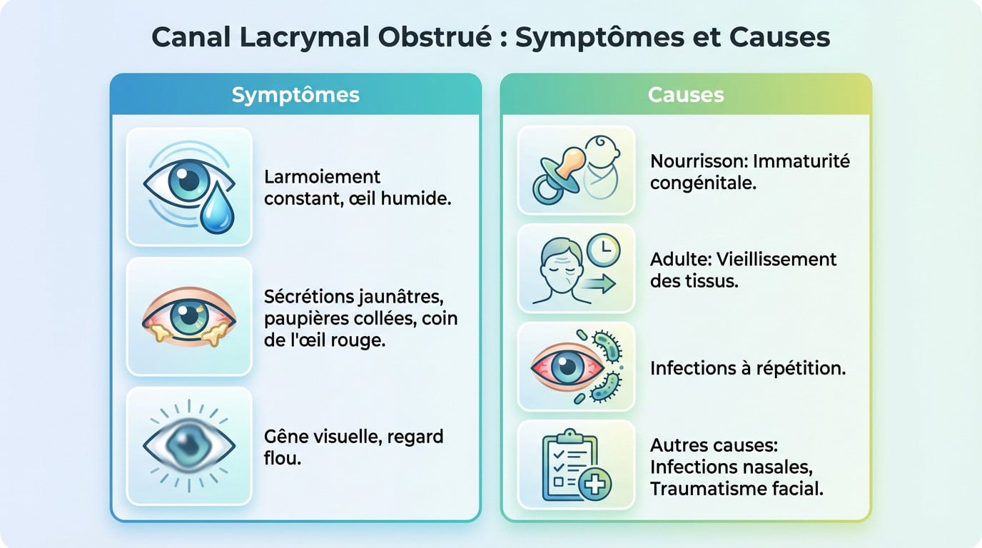 Schéma explicatif des symptômes et causes d'un canal lacrymal obstrué