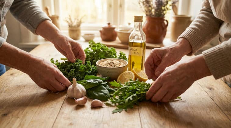 Anonymous hands gently arrange vibrant, heart-healthy ingredients like kale, garlic, lemon, and oats on a wooden table in soft light.