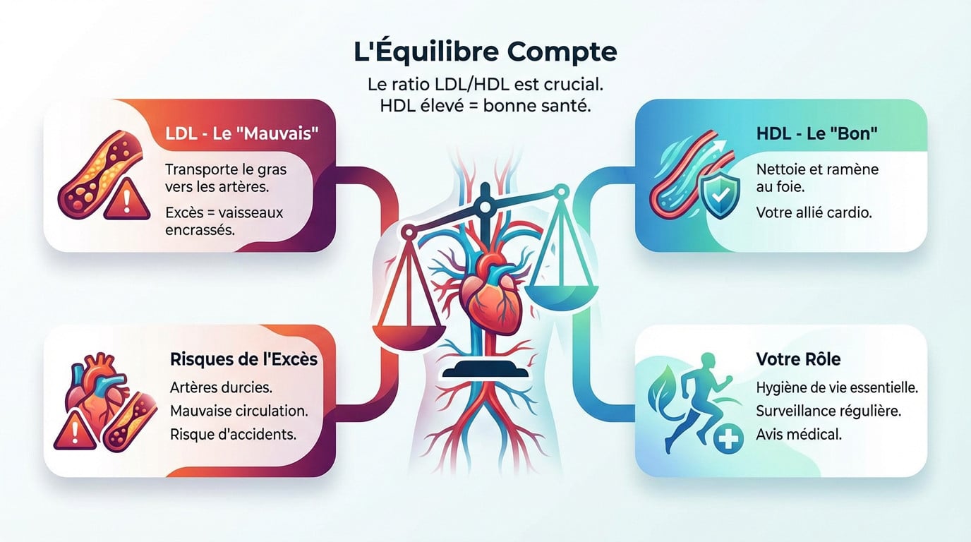 Schéma illustrant la différence d'action entre le cholestérol HDL et LDL dans un vaisseau sanguin