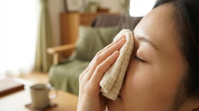 Close-up of a person's eye area with a hand applying a warm, steaming compress, conveying gentle relief and care in a peaceful home.
