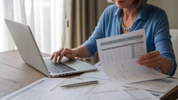 Une femme vérifie son relevé retraite et des documents sur table