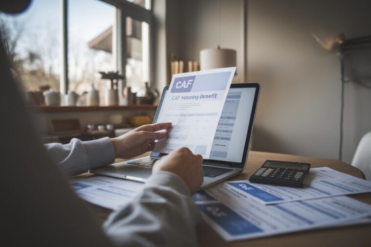 Un allocataire consulte son APL CAF sur ordinateur avec documents