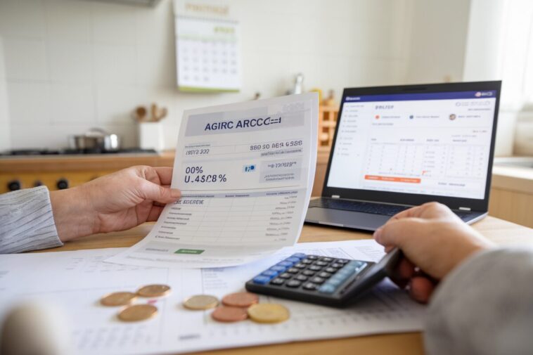 Des mains calculent une hausse Agirc-Arrco sur un relevé papier