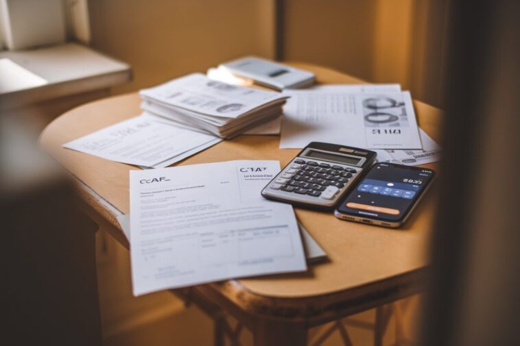 Factures, calculatrice et courrier CAF sur une table de cuisine