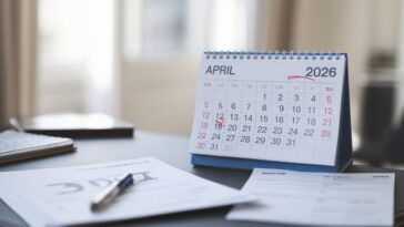 Calendrier d’avril 2026 avec la date limite entourée sur un bureau