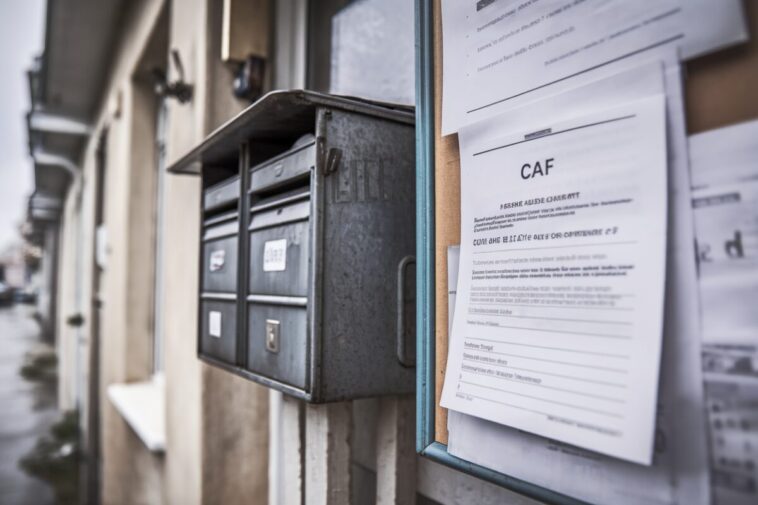 Entrée d’immeuble avec document APL et avis d’impayé affiché