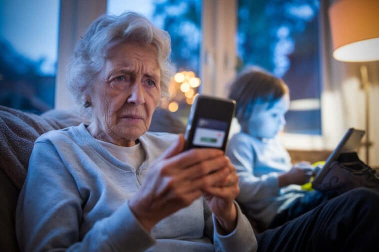 Une grand-mère découvre des achats en ligne sur smartphone, enfant sur tablette