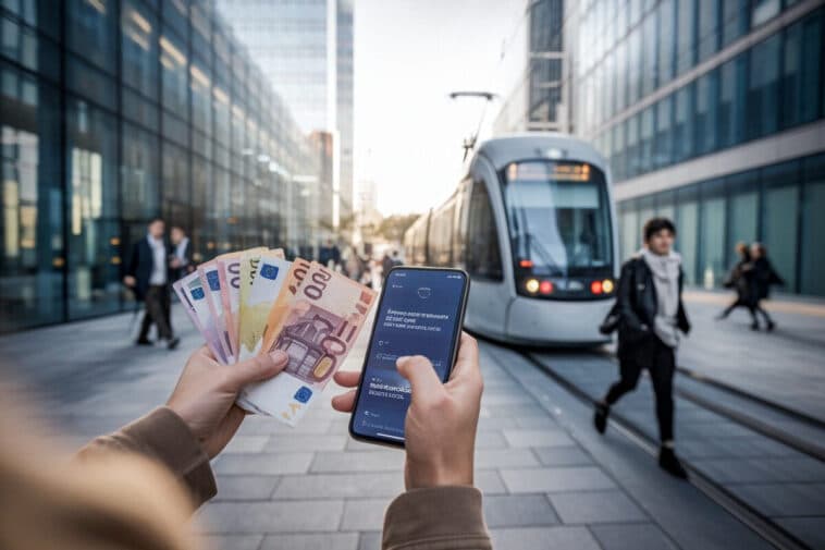 Un passant examine des billets en euros dans une rue européenne moderne