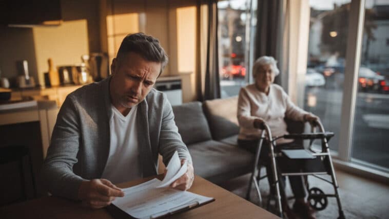 Une proche examine une facture d’EHPAD, parent âgé en arrière-plan