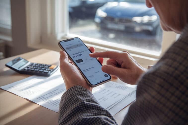 Un retraité consulte un virement Agirc-Arrco sur smartphone à domicile